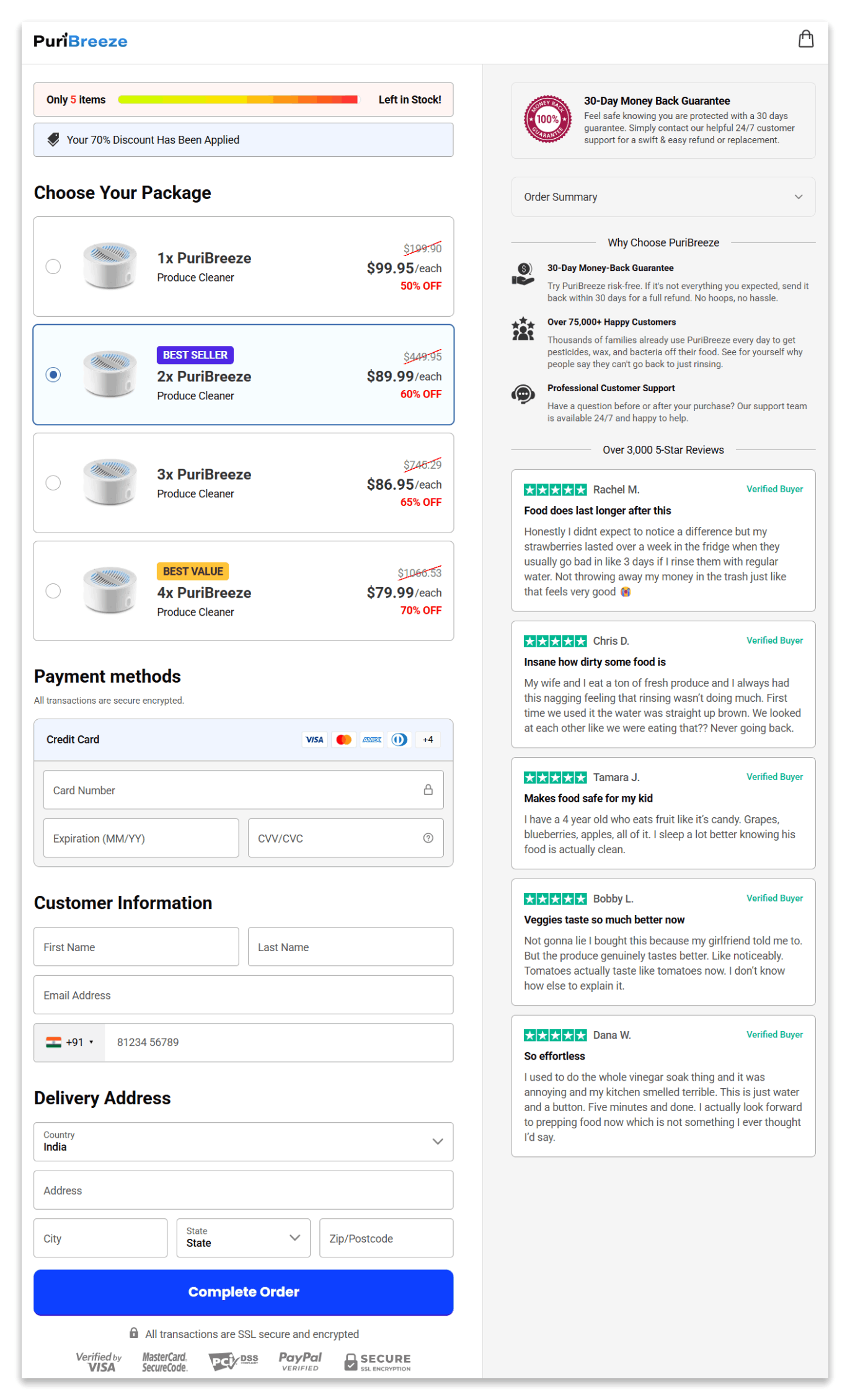 PuriBreeze Produce Cleaner checkout page